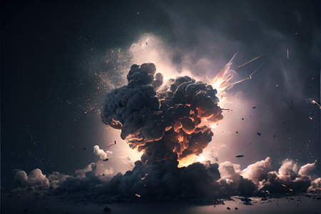 Fiery bomb explosion with sparks and smoke. Huge, extremely hot explosion with sparks and hot smoke, against black background. Ai generated.の素材