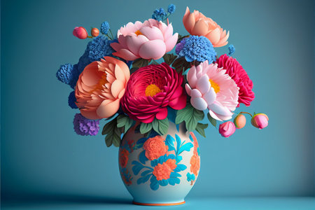 floral bouquet with different color peony flowers. Elegant bouquet of flowers on blue background. Ai generated illustrationの素材