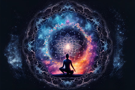 Man meditate chakra energy with mandala object. Human yoga pose and meditation against universe energy mandala. Sacred geometry healing. Human energyの素材