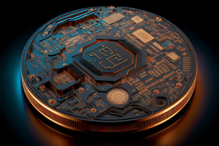 bitcoin concept - gold coin, computer circuit Board with bitcoin processor and microchips. Electronic currency, Internet Finance.の素材