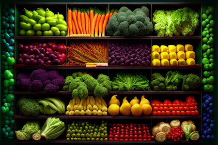 Fresh organic Vegetables and fruits on shelf in supermarket, farmers market. Healthy food market concept. Vitamins and minerals in vegetables and fruits. Fresh vegetables tomatoes, capsicum, cucumbers. High quality ai generated illustration.の写真素材