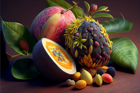 Many different delicious exotic fruits as background, top view. Tropical fruits background, many colorful ripe tropical fruits . High quality ai generated illustration.の素材