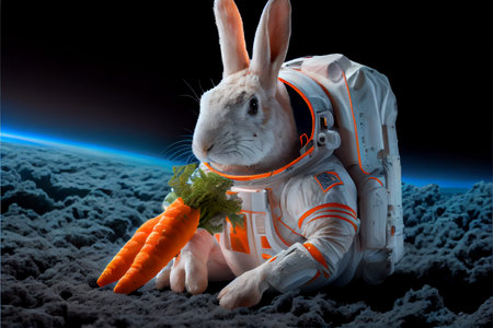 rabbit astronaut in spacesuit holding carrots on Mars. Funny cartoonish style