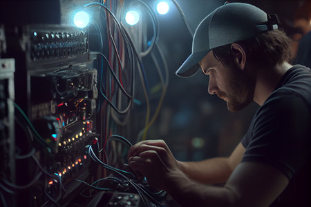 Electrician engineer tests electrical installations and wires on relay protection system. Bay control unit. Medium voltage switchgear. High quality illustrationの写真素材