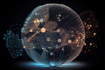 Big data visualization and data transmission. Network connection structure. Science background. High...