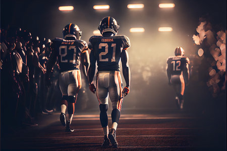 american football game super bowl with players at stadium in the background. American football players back view. High quality Ai generated illustration.の素材