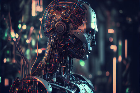 Humanoid robot with Artificial intelligence futuristic digital technology robot . AI Robot head. Cyber robotisation. digital smart world metaverse concept Futuristic AI background. High quality illustration.の素材