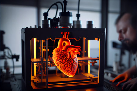 Heart Organ 3D printing technology for transplantation of human internals artificial heart implant with modern innovations. Medical engineer using 3d printer for heart printed. The engineer demonstrates the heart printed on a 3d printer. Medical 3d printing. High quality ai generated illustration.の素材