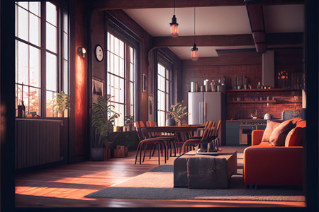 Rust colour interior of Modern loft living room with high ceiling, sofa, empty brown brick wall, concrete floor, wooden cabinet, design accessories in the steel stack, dining table with chairs. Mock up interior photo. Orange rust colour trend interior. High quality ai generated illustration.の素材