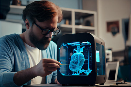 Medical engineer using 3d printer for liver printed. Organ 3D printing technology for transplantation of human internals - artificial heart implant with modern innovations. The engineer demonstrates the liver printed on a 3d printer. Medical 3d printing. High quality ai generated illustration.の素材