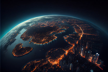 View of the Earth, star and galaxy. Sunrise over planet Earth, view from space. Concept on the theme of ecology, environment, Earth Day. Elements of this image furnished by NASA. High quality illustrationの素材