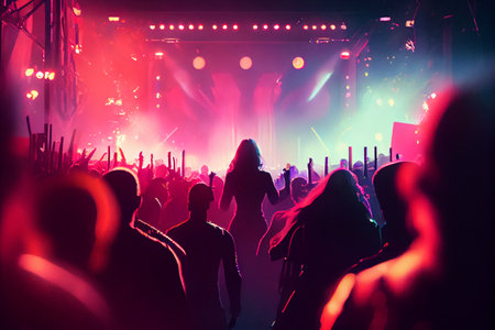 Young happy people are dancing in club. Nightlife and disco concept. Crowd of young people dancing in night club. silhouettes of concert crowd in front of bright stage lights. High quality illustrationの写真素材