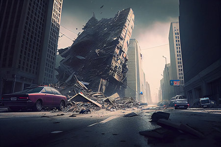 Earthquake in city. Buildings damaged and ruined streets and houses. Collapsed building in earthquake in downtown. High quality illustrationの素材