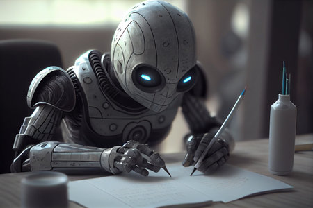 Smart robot thinking and writing answers with pen and paper. High quality illustrationの素材