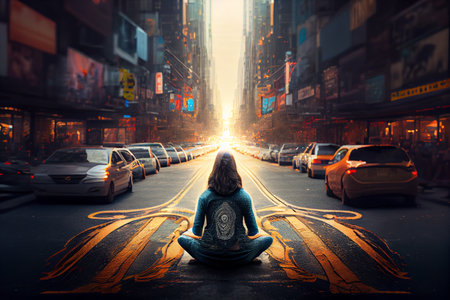 Woman Meditating in noisy place city center trying to abstract. Yoga pose energy portal. Meditation in noisy places. Urbanistic meditation. A spiritual journey in the universe. City with cars driving. Abstract chakra meditation energy background. Illustration.の素材
