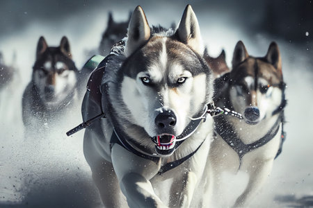 Sled dogs huskys pulling their musher. Sled dogs racing. Husky with sleds High quality illustration.の素材