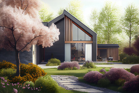 Spring flower garden near the cottage. Beautiful flower bed blossoming tulips. Vibrant and colourful farmer's flower garden. High quality illustration.の素材