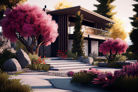 Spring flower garden with modern house exterior landscape design . Beautiful flower bed blossoming. Vibrant and colourful flower garden. High quality illustration.の素材