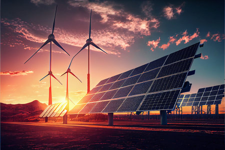Alternative power station. Eco friendly facility landscape with cityscape on background....