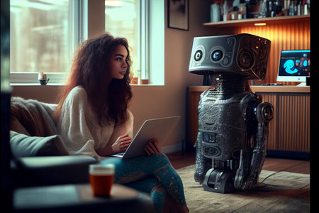 woman using chatbot robot at home. IOT. artificial intelligence, AI chat bot concept. High quality illustrationの写真素材