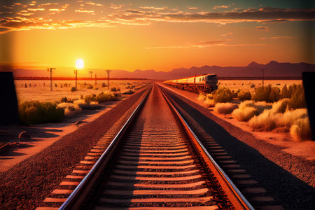 Railway station against beautiful sky at sunset. Industrial landscape with railroad, colorful blue sky with red clouds, sun, trees and green grass. Railway junction. Heavy industry. Evening in autumn. High quality illustrationの写真素材