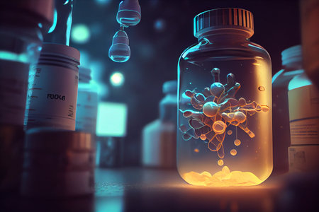 Scientists inventing new medication. Pharmaceutical background. Pills or capsules on a blue background. High quality illustrationの素材