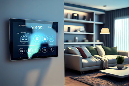 Smart home concept tablet digital screen on wall with modern luxury living room. IoT. Internet of things in modern home interior. High quality illustrationの写真素材