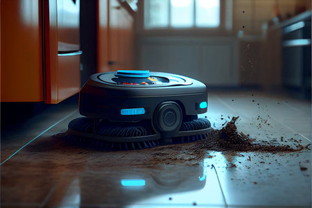 robot vacuum cleaner removes dust in room on brown floor. vacuum cleaner in ordinary apartment. modern household wireless device for cleaning house. smart home concept. High quality illustrationの素材