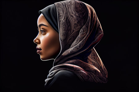 pretty young muslim woman head shot over black background. High quality illustrationの素材