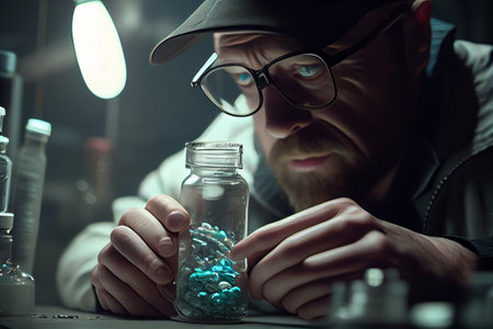 Scientist inventing new medication. Medical researching and recording in science laboratories. New science invention. High quality illustrationの写真素材