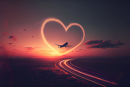 Airplane leaving a heart shaped trail in a sunset. Airplane flies above white clouds at sunset and leaving jet trail in the shape of heart. High quality illustration.の写真素材