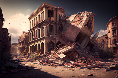 Earthquake devastating magnitude strike houses. View on a collapsed concrete industrial building with dark dramatic sky above. Damaged house. High quality ai illustration.の素材