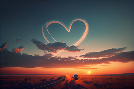 Heart shaped trail by plane in a sunset. Airplane flies above white clouds at sunset and leaving jet trail in the shape of heart. High quality illustration.の写真素材