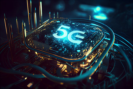 5G network digital hologram and internet of things on city background.5G network wireless systems. High quality photo. 5G network wireless systems and internet of things. High quality illustration.の素材