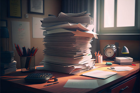 Giant pile of paperwork stacked on table. Pressure of paperwork. Giant stack of paper documents. High quality illustration.の素材