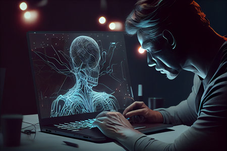 AI hologram with man working on computer on background. Chatbot. High tech concept. Multi exposure. High quality illustration.の写真素材