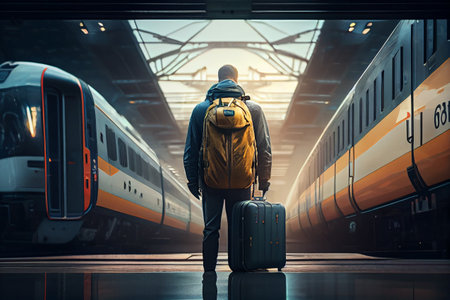 Male traveler man with belongings waiting for travel by train at train station. Man walking with suitcase at subway station platform. High quality illustration.の写真素材