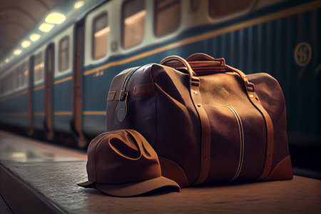 Traveller bag and luggage at train station. Luggage at the train station with a traveler.sun set, Travel concept. High quality illustration.の写真素材