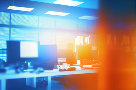 Blurry and defocus office background. Modern office environment with neon colours. Concept of modern interior working space. High quality illustration.の写真素材