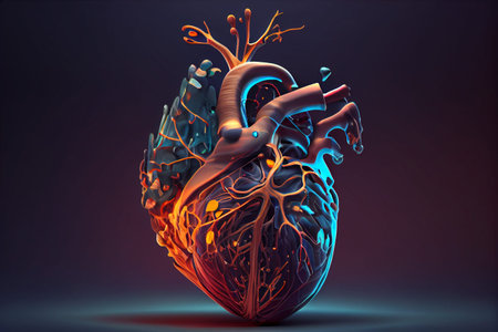 Cardiovascular disease shown on heart anatomical organ illustration model. Arterial hypertension and treatment concept. High quality illustration.の写真素材