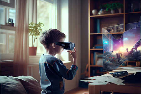 Video Gaming Concept. preteen boy playing with virtual reality goggles, VR headset, modern technology glasses at home. High quality illustrationの写真素材