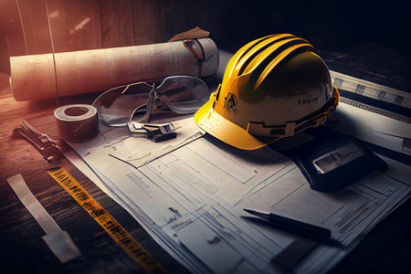 Construction plans with yellow helmet and drawing tools on blueprints. House Building concept. High quality illustrationの写真素材