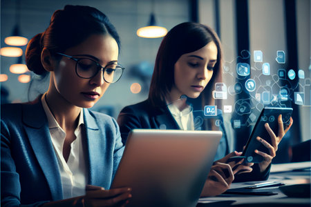 Smiling portrait of beautiful businesswoman with laptop at company, Young woman smiling while working with laptop in modern office, Business people concept. Startup business people group working everyday job at modern office. High quality illustration.の素材