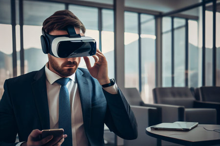 Shot of a businessman wearing a VR headset while working in his office. High quality illustration