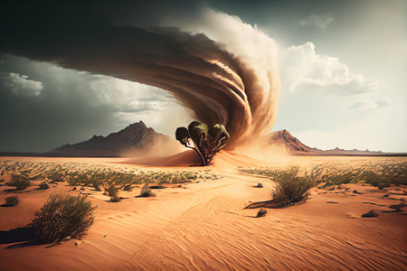 Desert twister sand tornado. Whirlwind kick up dust on the plain in the desert. Tornado desert storm. High quality illustrationの素材