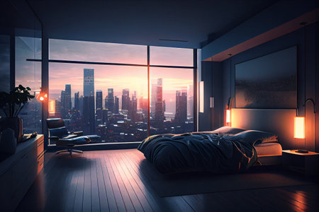 The interior of the bedroom with a panoramic window with blinds. A large bed with a gray blanket and an armchair. High quality illustrationの素材