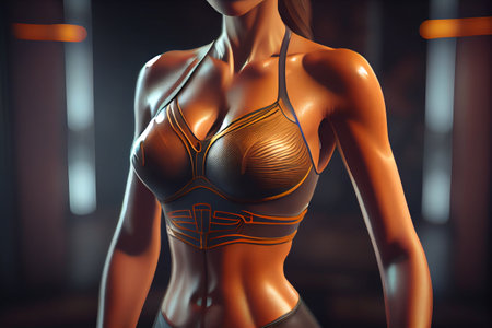 Fitness woman torso in sports clothing looking down. Young female model with muscular body in futuristic style with neon colours. High quality illustration.の素材