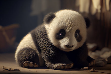 Funny Pose of Happy Little Panda, standing on the ground, High quality illustrationの素材