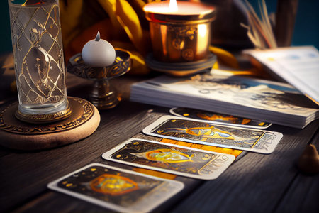 Tarot cards and burning candles. Extreme close-up macro shot of The Magician tarot card with shallow...