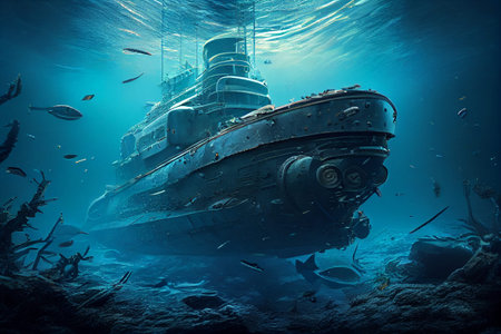 Sunken cargo shipwreck standing upright deep in the turquoise waters of the Caribbean Sea underneath...